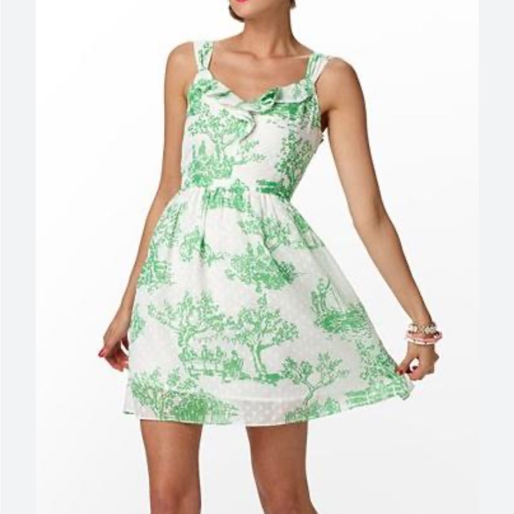 Lilly Pulitzer Sz 0 Peggy Dress in Spring Fever Toile Green with hints of Pink